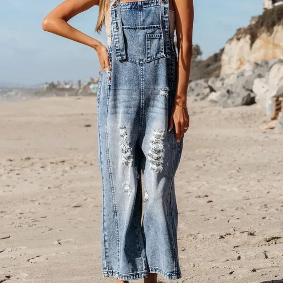 Pants - Dusk Blue Mineral Wash Wide-Leg Bib Overalls